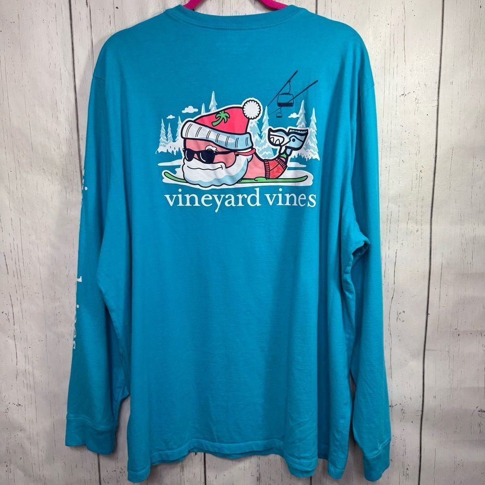 Vineyard Vines Skiing Santa Whale Long Sleeve Shirt Turquoise Size XXL Holiday